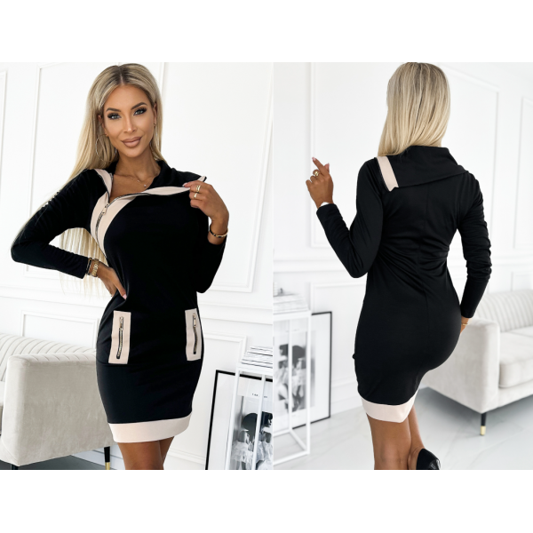 Dvobarvna obleka s tremi zadrgami - črna in bež